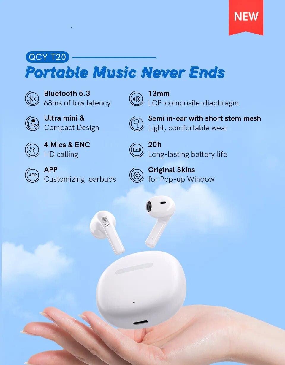 QCY T20 TWS Wireless Earphones Bluetooth 5.3 Earbuds 68ms Low Latency 13mm Driver HIFI Headphones 4 Mics+ENC HD Call Headsets